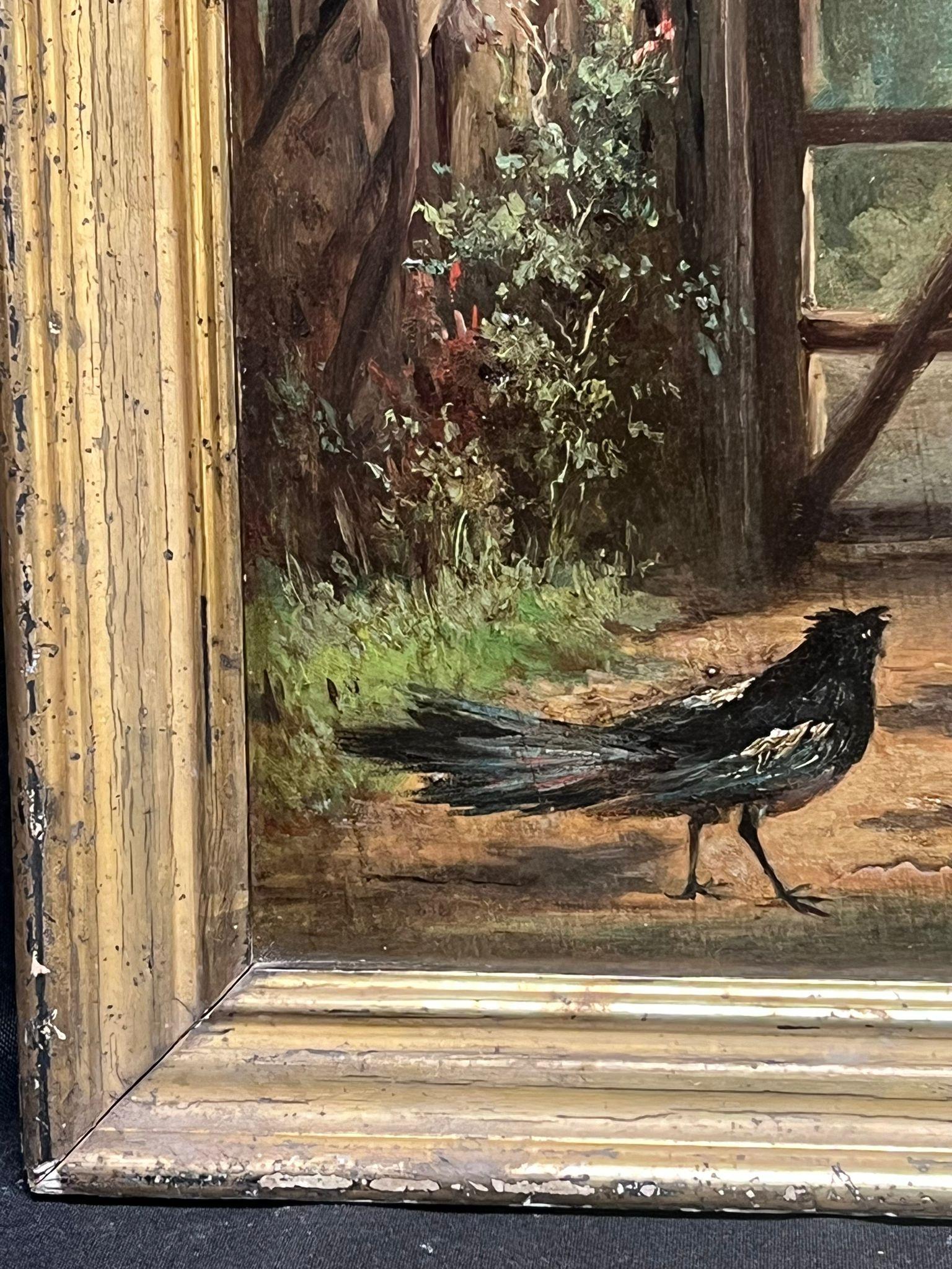 Antike 19. Jahrhundert Französisch Ölgemälde Vögel in Country Lane's Wooded Landschaft im Angebot 2