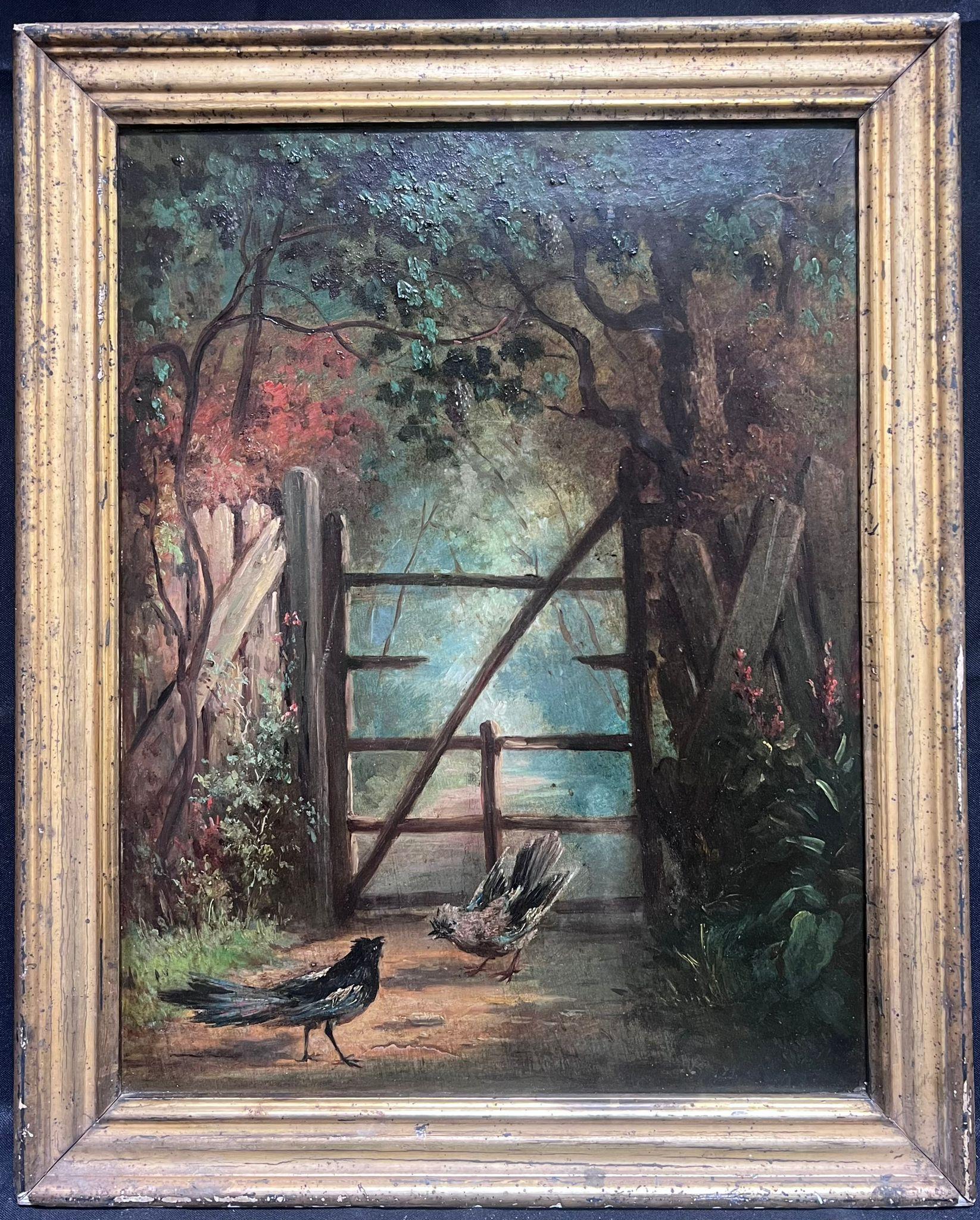 Antique 19th Century French Oil Painting Birds in Country Lane Wooded Landscape