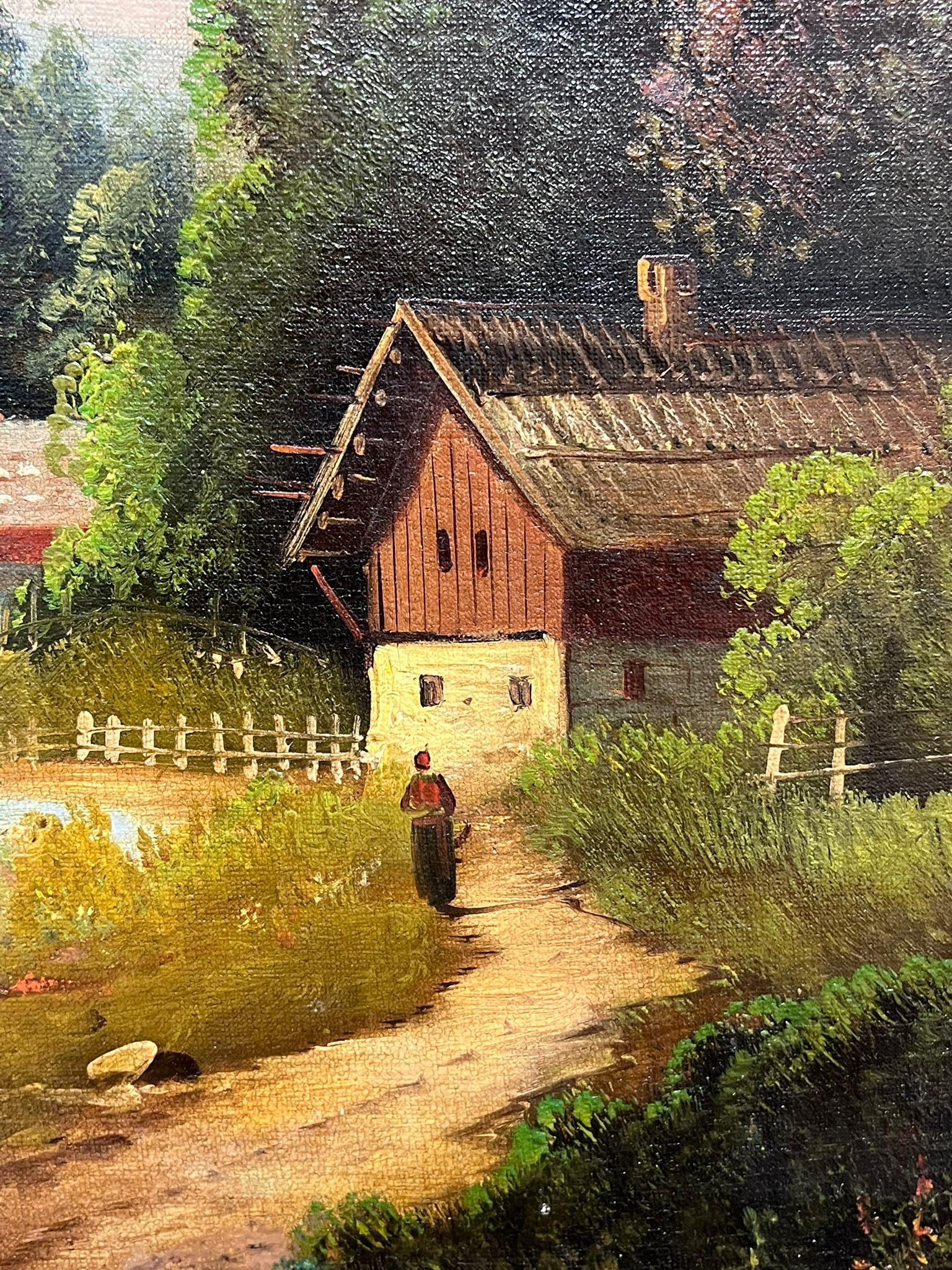 Antique French/ Swiss Signed Oil Painting Chalet alpino nel bosco del XIX secolo 9
