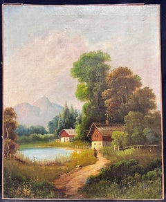Antique 19th Century French/ Swiss Signed Oil Painting Alpine Chalet in Woodland