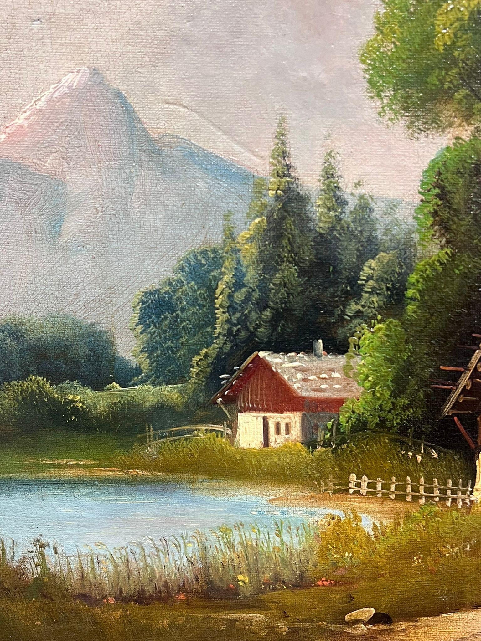 Antique French/ Swiss Signed Oil Painting Chalet alpino nel bosco del XIX secolo 2