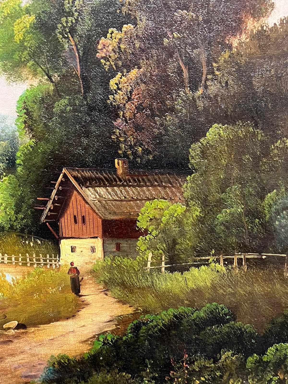 Antique French/ Swiss Signed Oil Painting Chalet alpino nel bosco del XIX secolo 3