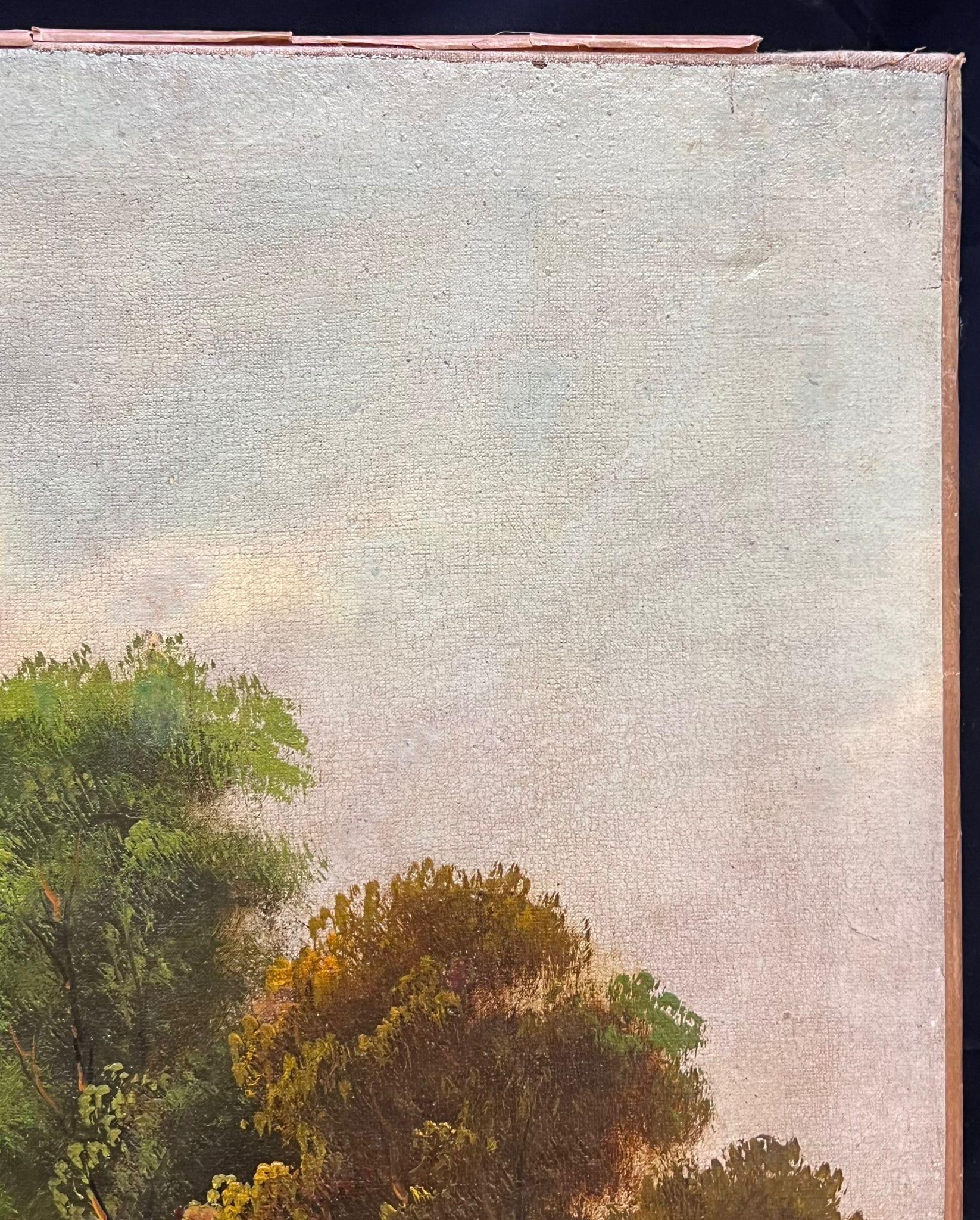 Antique French/ Swiss Signed Oil Painting Chalet alpino nel bosco del XIX secolo 6