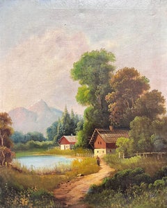 Antique French/ Swiss Signed Oil Painting Chalet alpino nel bosco del XIX secolo
