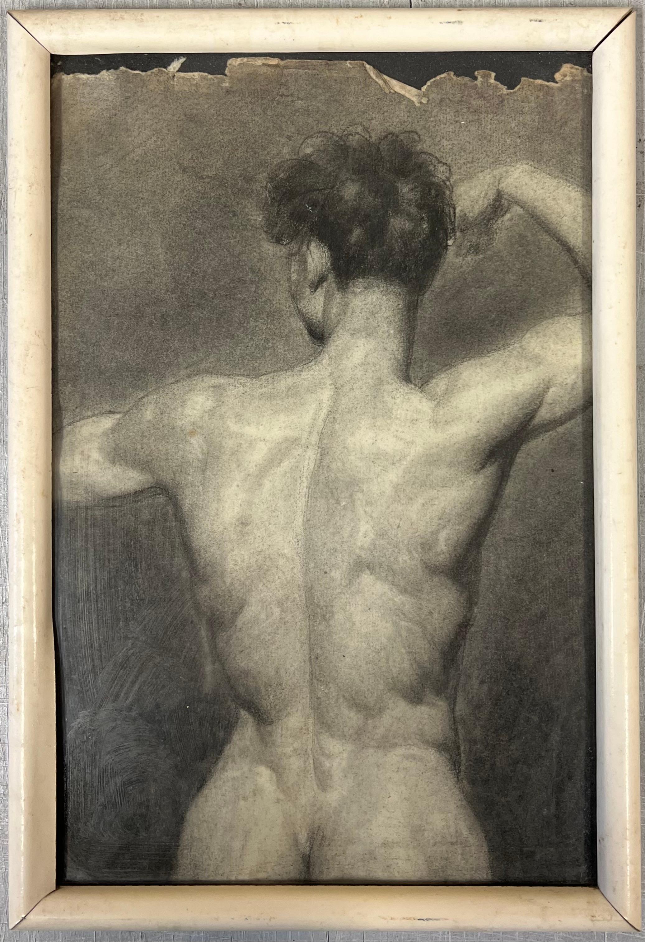Antique French Studio classico del nudo maschile di schiena Disegno del XIX secolo - Art di French School