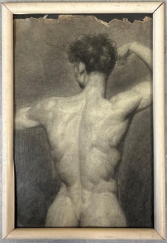 Antique French Classical Study of the Male Back Nude Drawing 19th Century