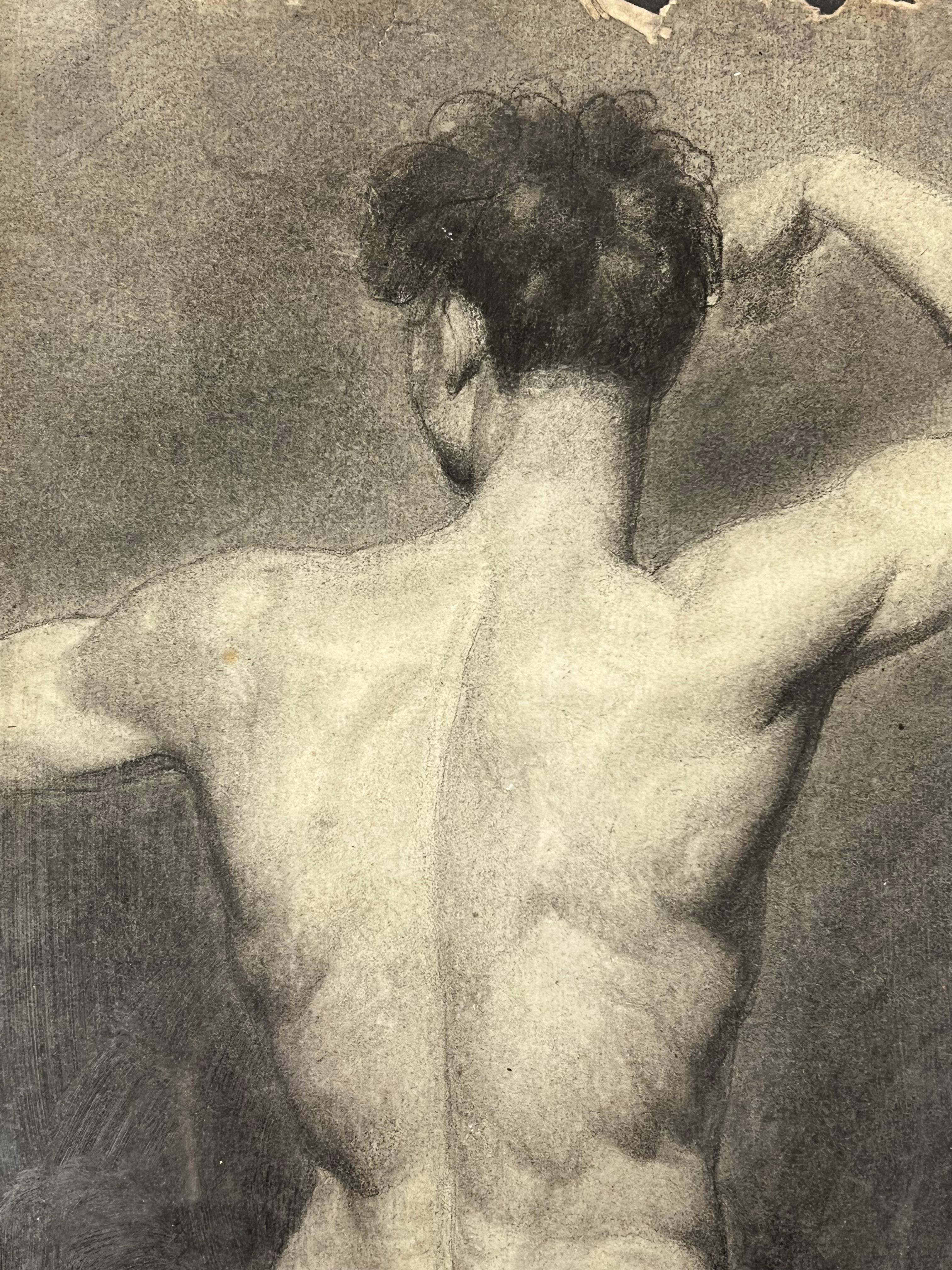 Antique French Studio classico del nudo maschile di schiena Disegno del XIX secolo - Art Postimpressionismo di French School