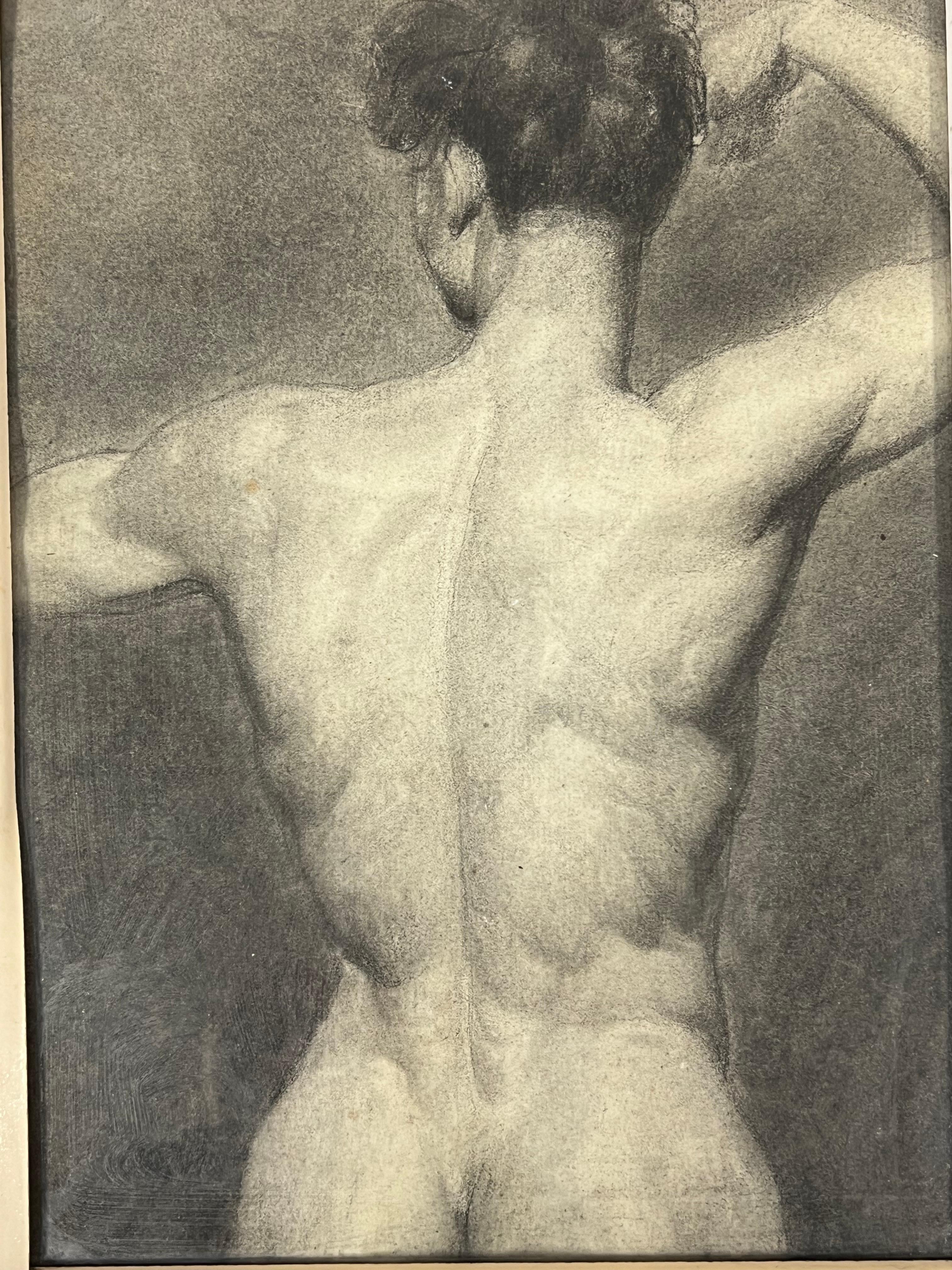Antique French Studio classico del nudo maschile di schiena Disegno del XIX secolo - Nude Grigio di French School