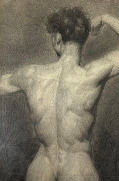 Antiguo Estudio Clásico Francés del Desnudo de Espalda Masculino Dibujo Siglo XIX