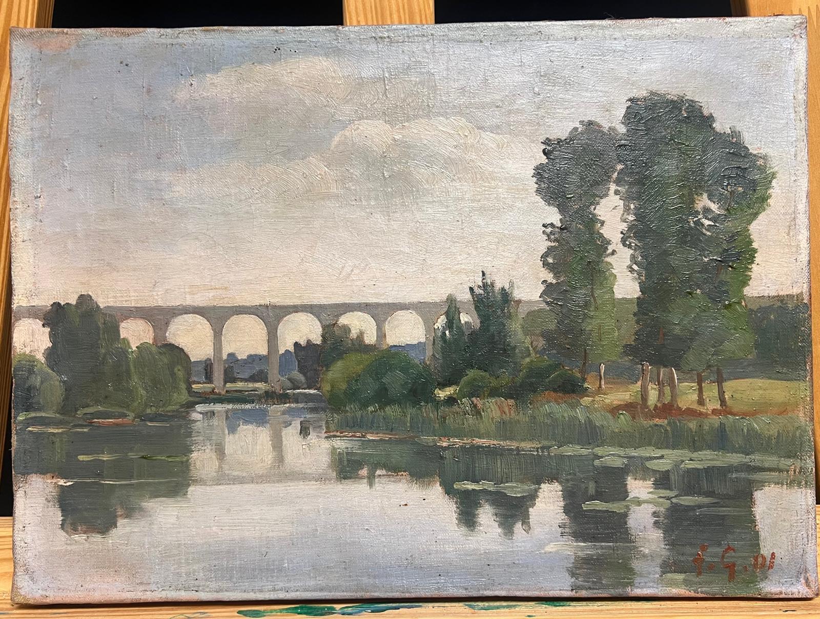 Antique French Impressionist 1901 Oil Moody River Reflections & Arched Bridge - Painting by French School