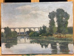 Antique French Impressionist 1901 Oil Moody River Reflections & Arched Bridge
