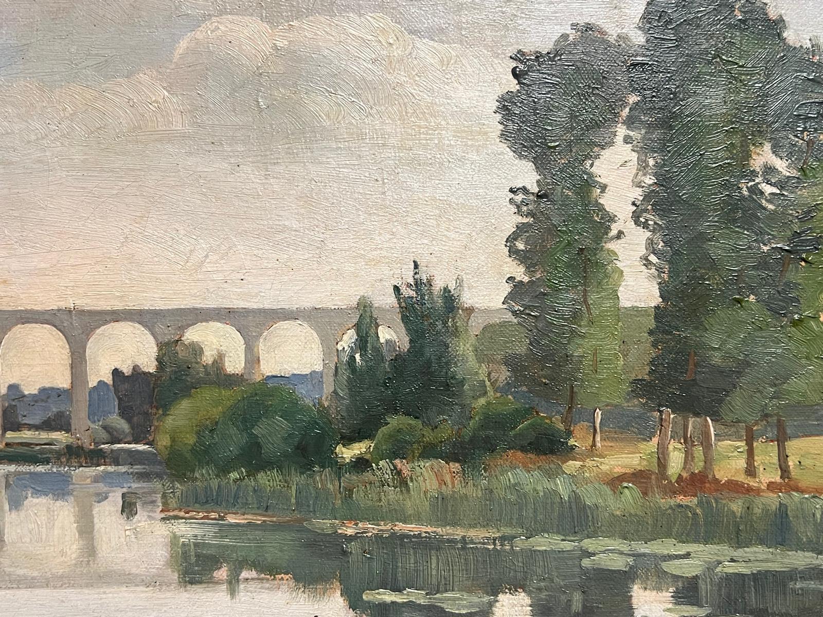 Antique French Impressionist 1901 Oil Moody River Reflections & Arched Bridge - Gray Landscape Painting by French School