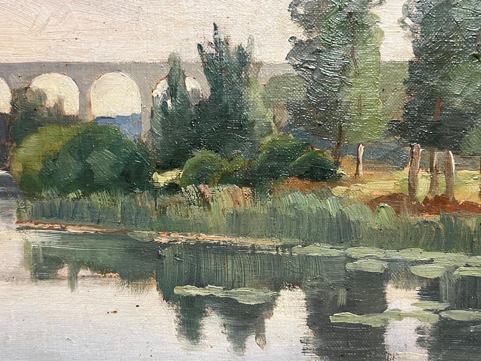Antique French Impressionist 1901 Oil Moody River Reflections & Arched Bridge For Sale 1