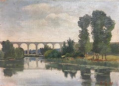 Antique French Impressionist 1901 Oil Moody River Reflections & Arched Bridge