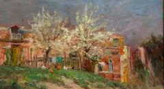 Antique French Impressionist Oil Chickens before Farmhouse in Landscape