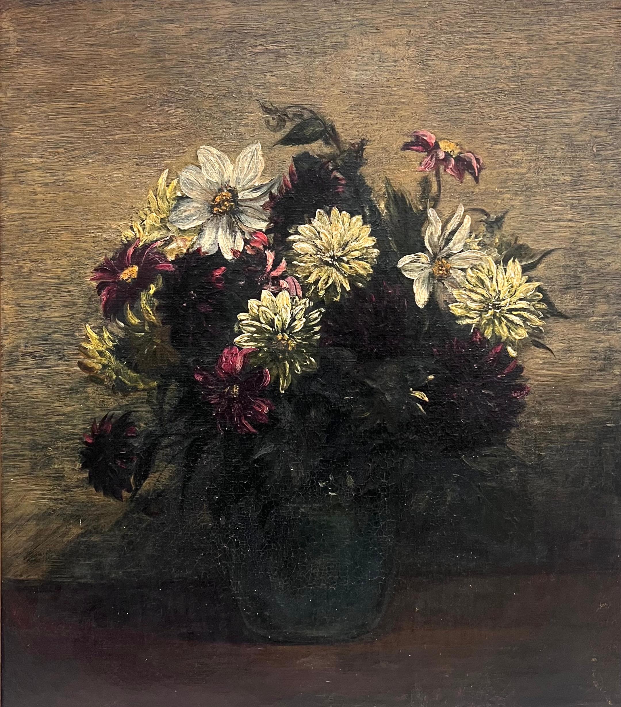 Antique French Impressionist Ölgemälde Brooding Stillleben Blumen in Vase – Painting von French School