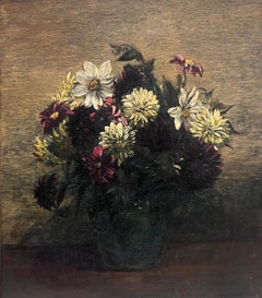 Antique French Impressionist Oil Painting Brooding Still Life Flowers in Vase