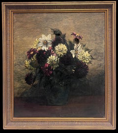 Antique French Impressionist Ölgemälde Brooding Stillleben Blumen in Vase