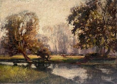 Antico dipinto a olio impressionista francese Prati estivi con animali al pascolo