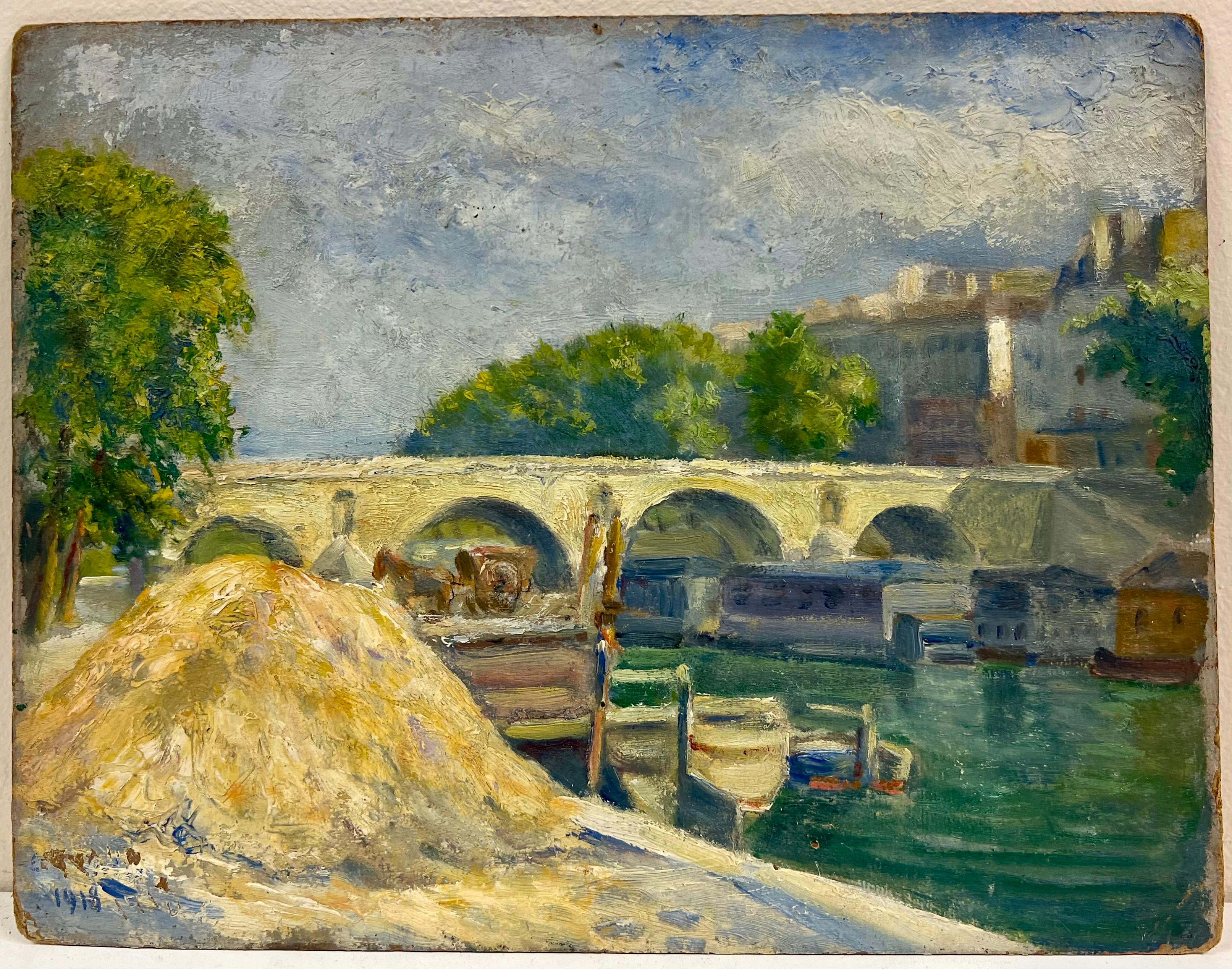 Antiguo óleo impresionista francés Barcaza de heno a orillas del río en París Pont Saint-Marie - Painting de French School