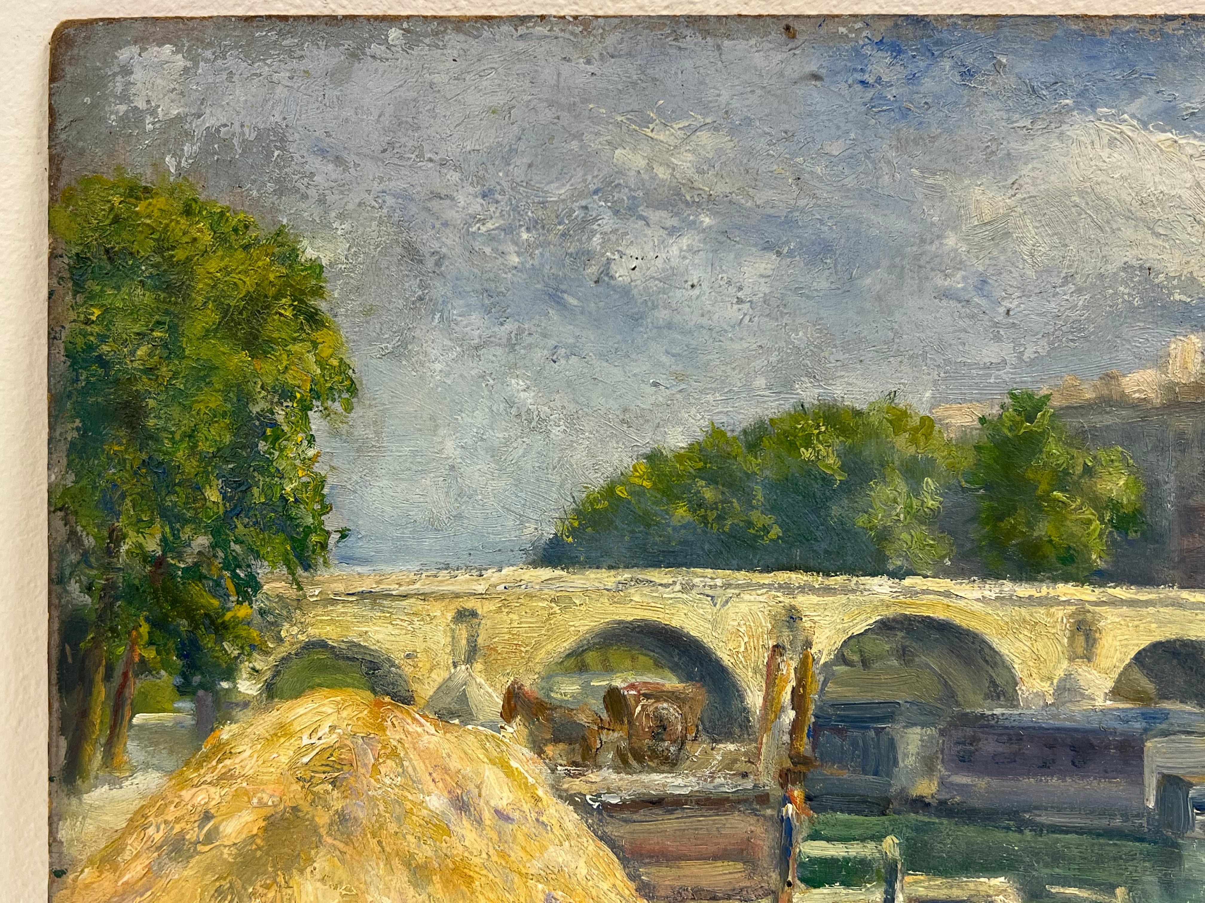 Antiguo óleo impresionista francés Barcaza de heno a orillas del río en París Pont Saint-Marie - Landscape Painting Marrón de French School