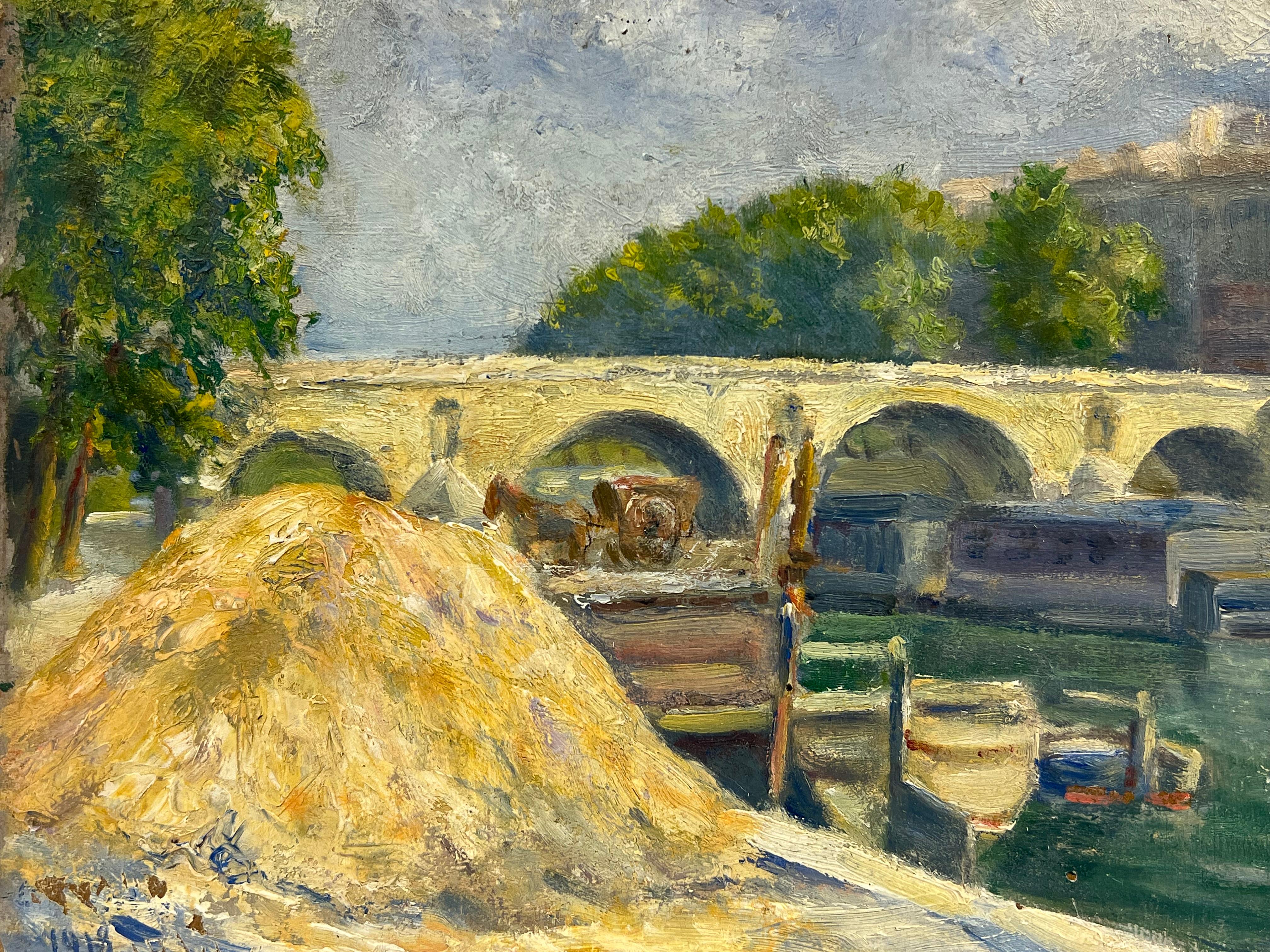 La Barcaza del Heno, París
Puente Saint-Marie
Artista impresionista francés, c. 1918
firmado con monograma al dorso, fechado en 1918
óleo sobre tabla, sin enmarcar
tablero : 8,25 x 10,25 pulgadas
Procedencia: colección privada, Francia
Estado: en