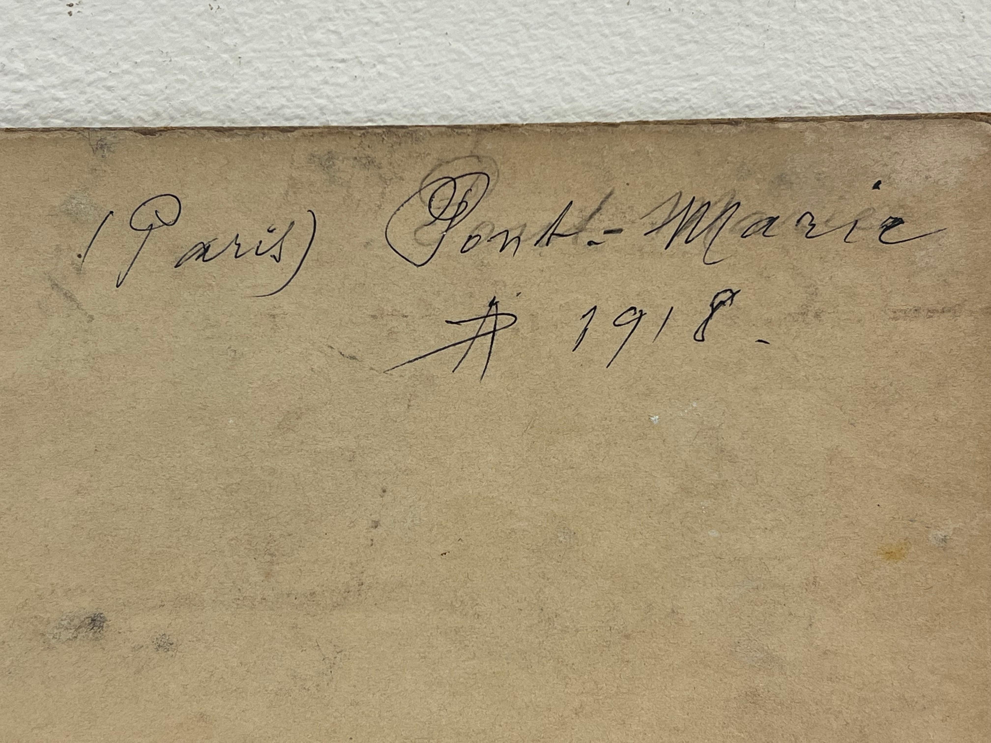 Antiguo óleo impresionista francés Barcaza de heno a orillas del río en París Pont Saint-Marie en venta 2