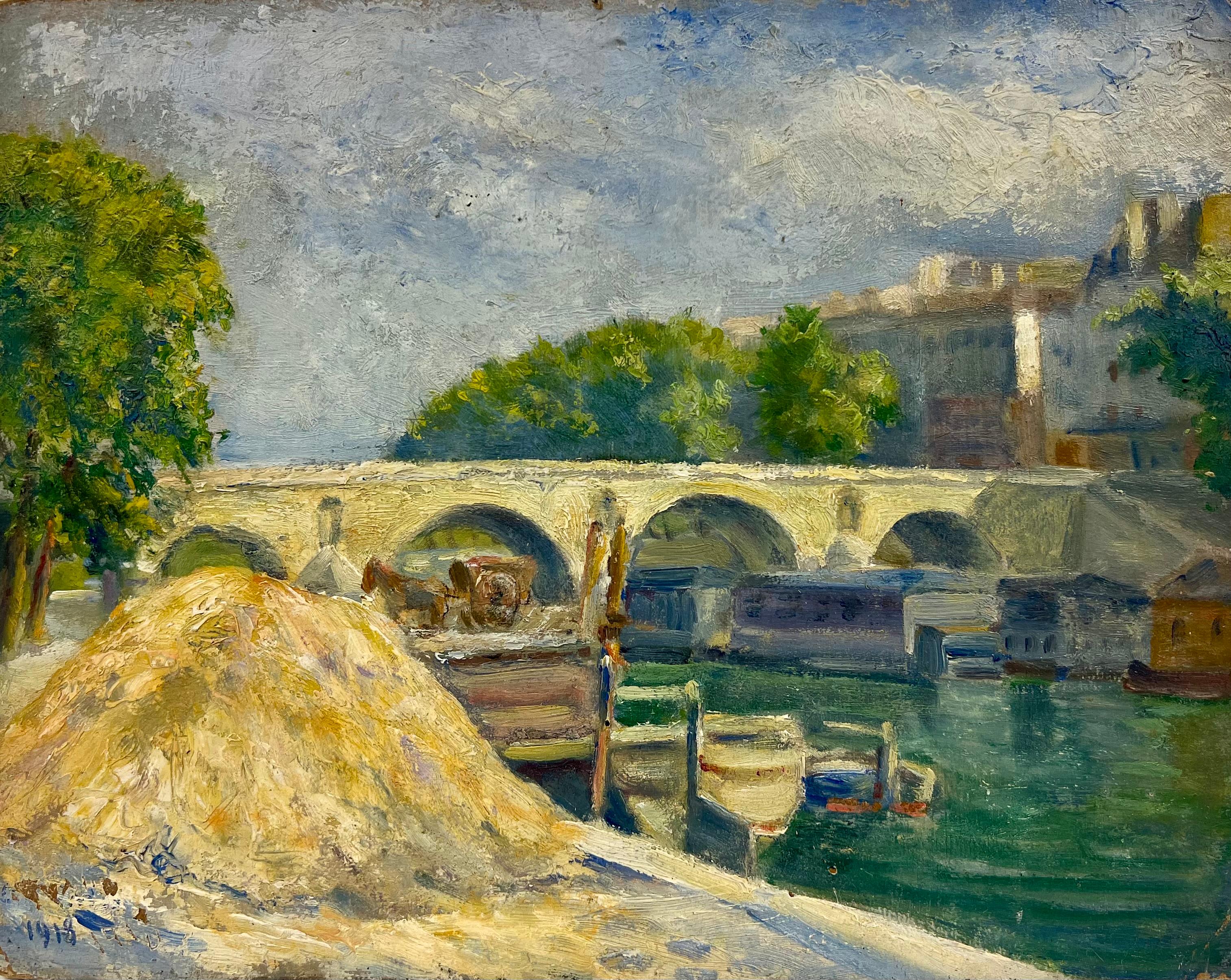 Landscape Painting de French School - Antiguo óleo impresionista francés Barcaza de heno a orillas del río en París Pont Saint-Marie