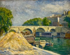 Antike französische impressionistische Öl- Flussbank Hay Barge im Pariser Pont Saint-Marie, Fluss Saint-Marie