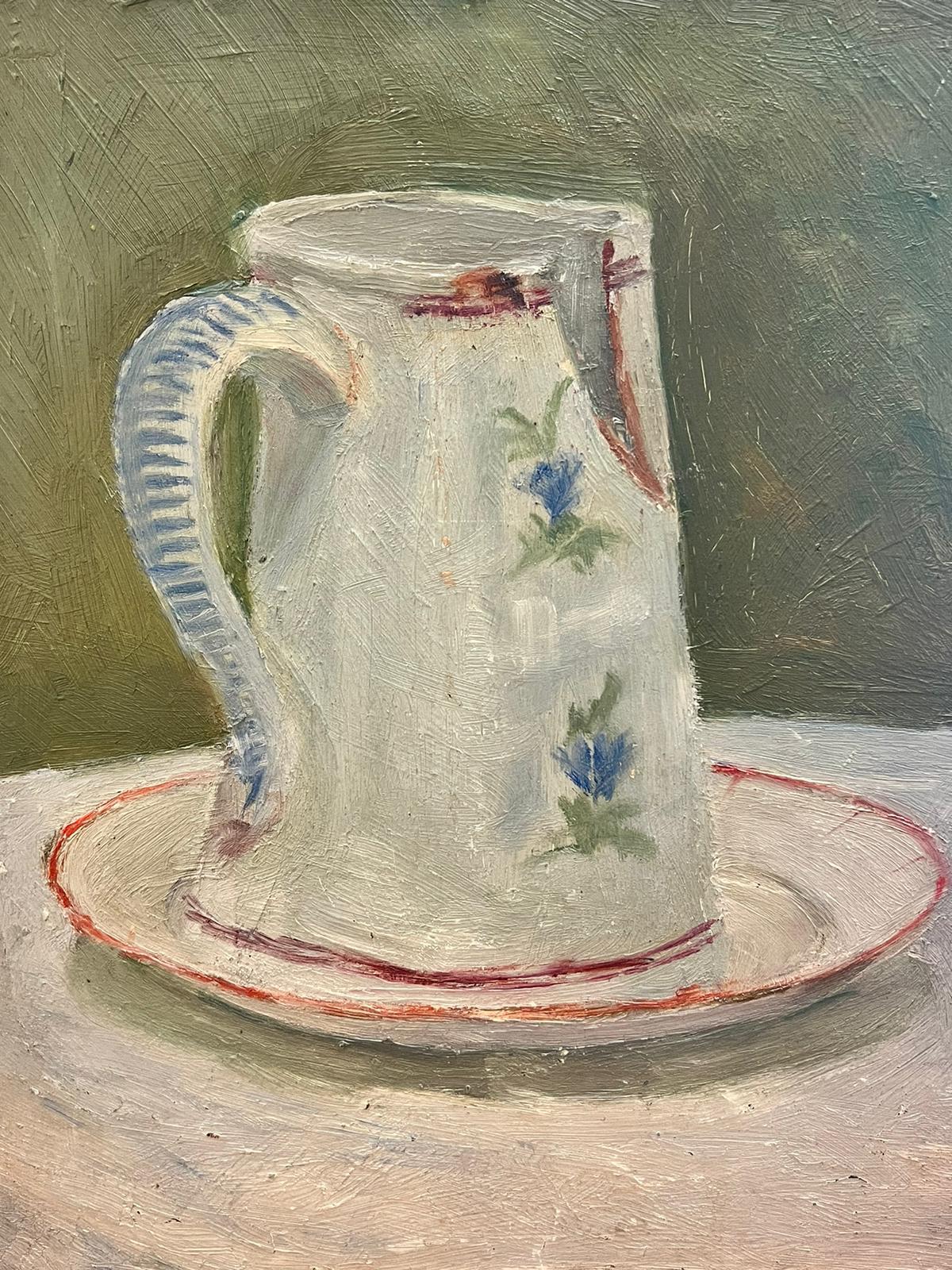 Antique French Impressionist Oil Still Life Jug & Plate in Interior - Painting by French School