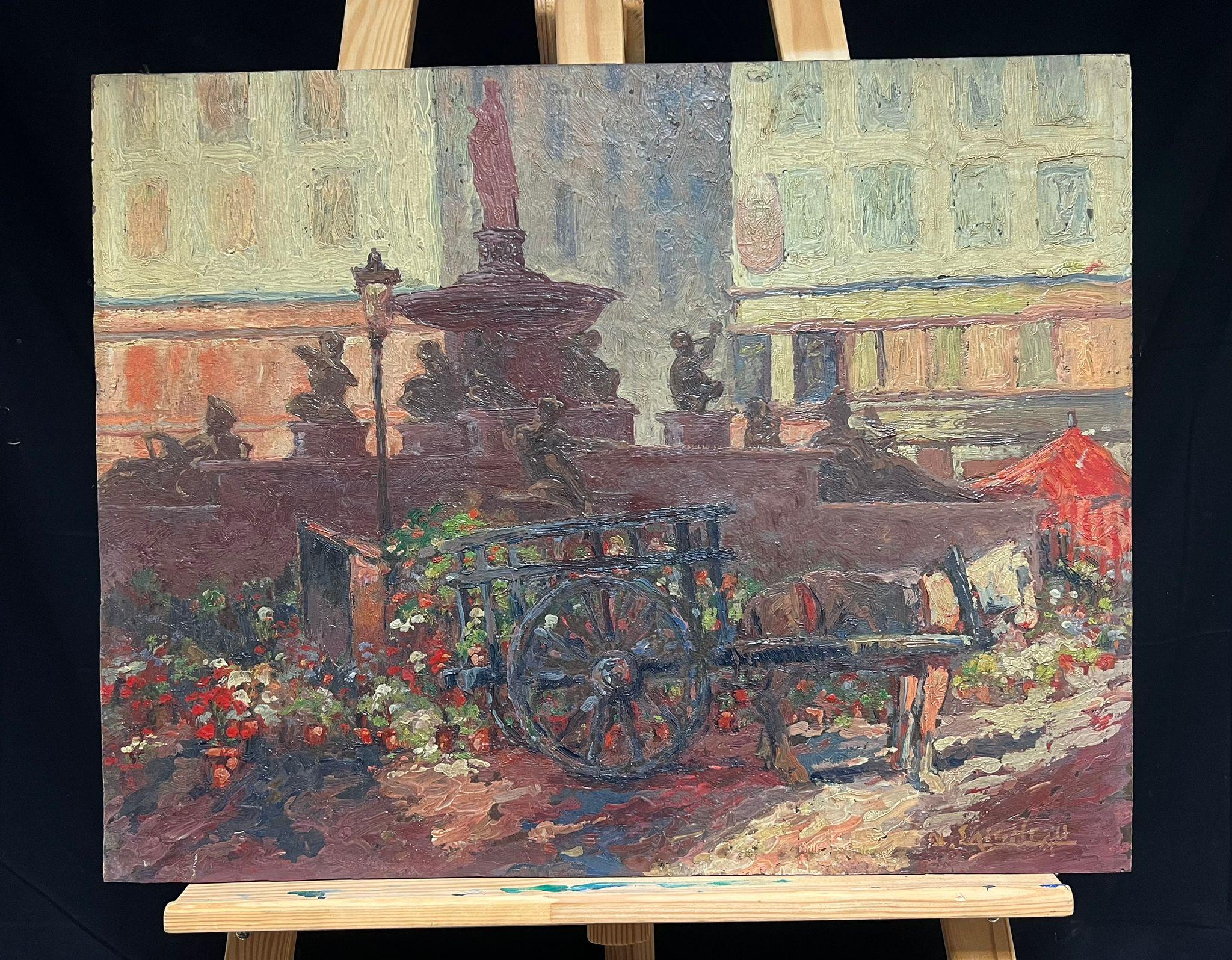 Antique French Impressionist Oil Street Scene with Flower Seller Cart & Fountain - Painting by French School