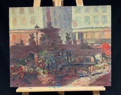 Antique French Impressionist Oil Street Scene with Flower Seller Cart & Fountain