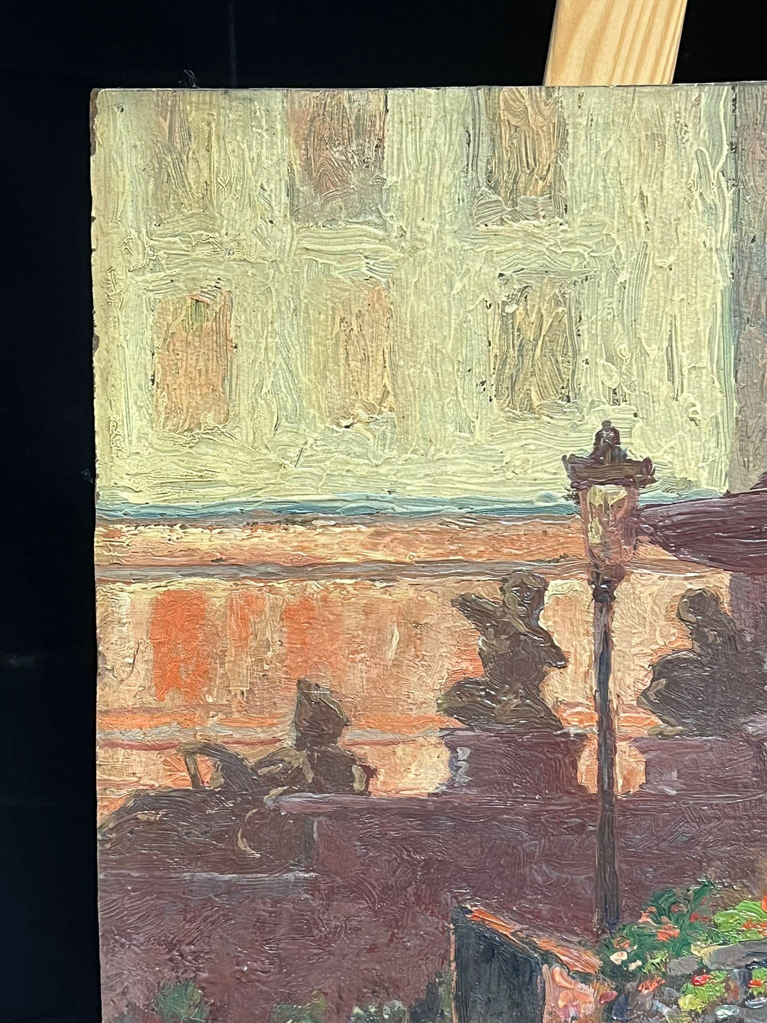 Antique French Impressionist Oil Street Scene with Flower Seller Cart & Fountain - Gray Landscape Painting by French School