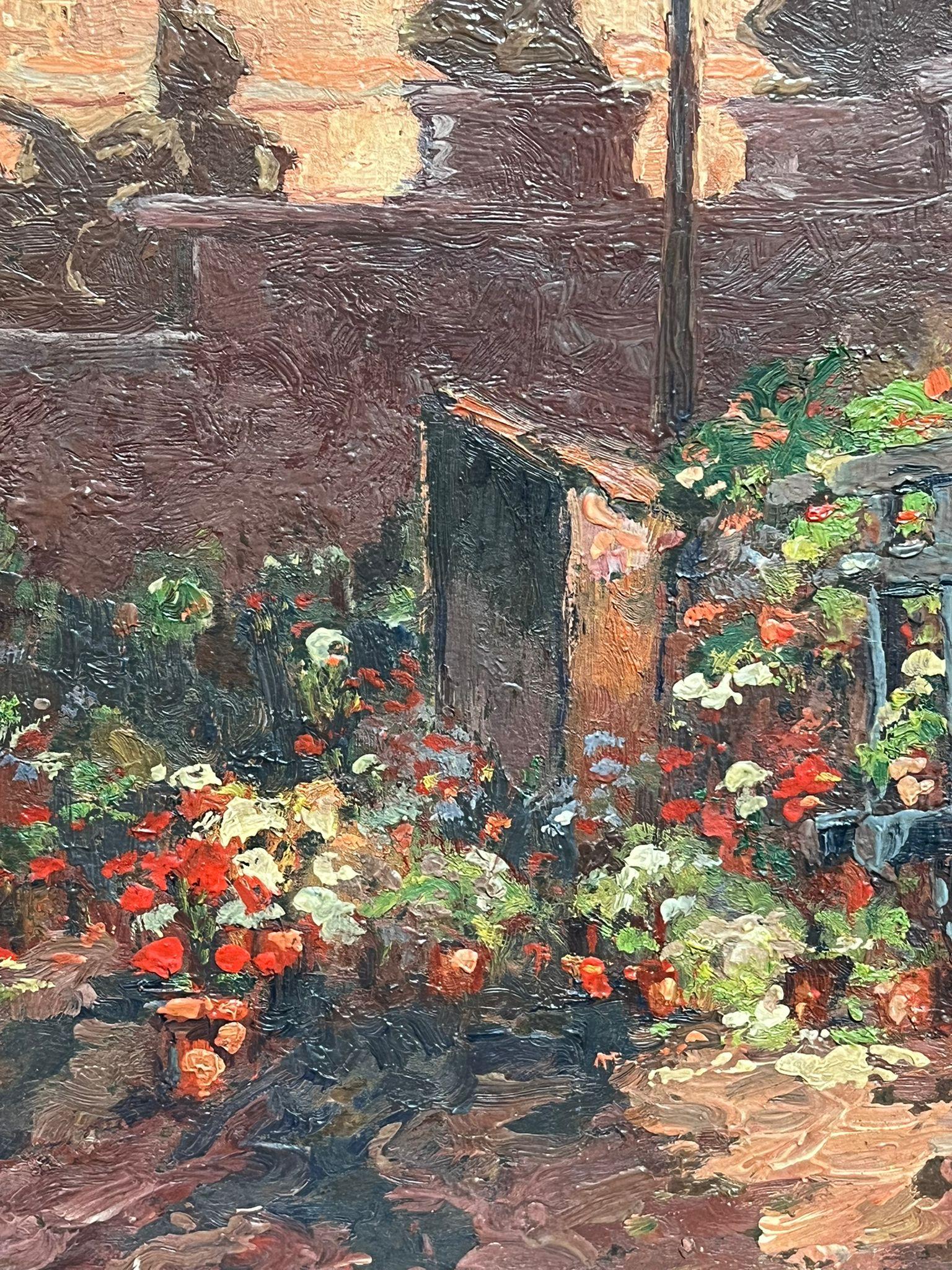 Flower Cart and Fountain
French Impressionist, early 1900's
indistinctly signed 
oil on board, unframed
Board : 19.5 x 24.5 inches
Provenance: private collection, France
Condition: very good condition

Description: This lively oil painting captures