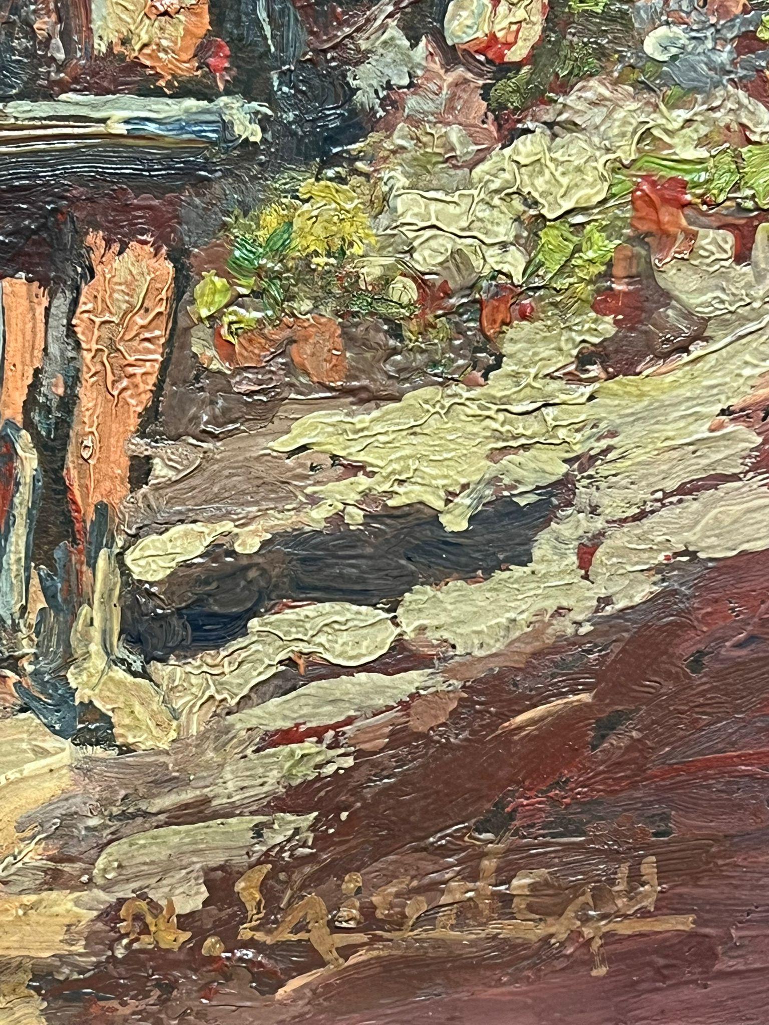 Antique French Impressionist Oil Street Scene with Flower Seller Cart & Fountain For Sale 1