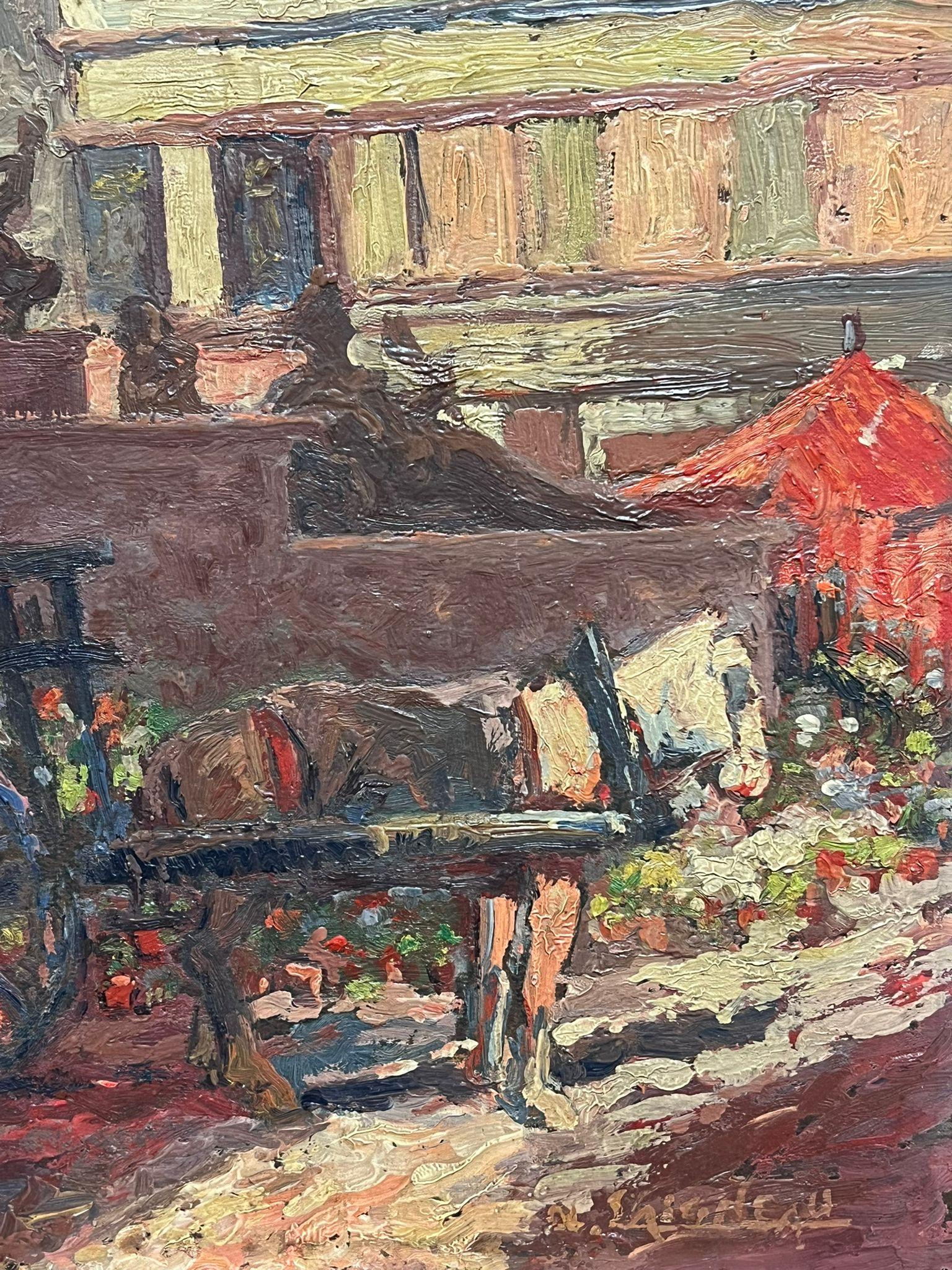 Antique French Impressionist Oil Street Scene with Flower Seller Cart & Fountain For Sale 2