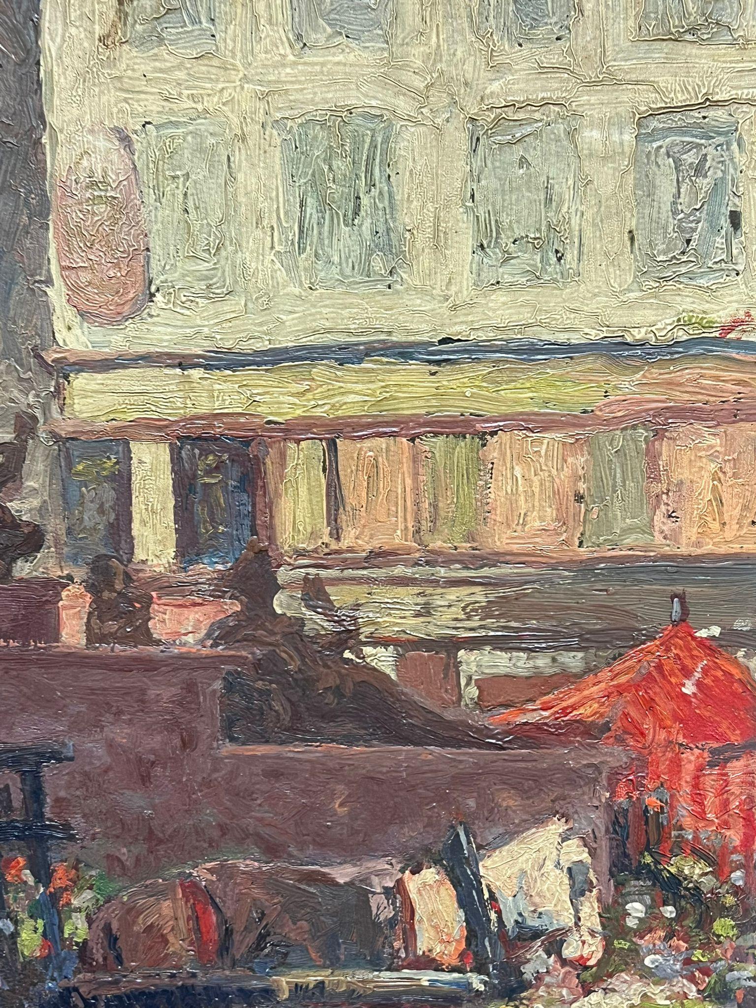 Antique French Impressionist Oil Street Scene with Flower Seller Cart & Fountain For Sale 3