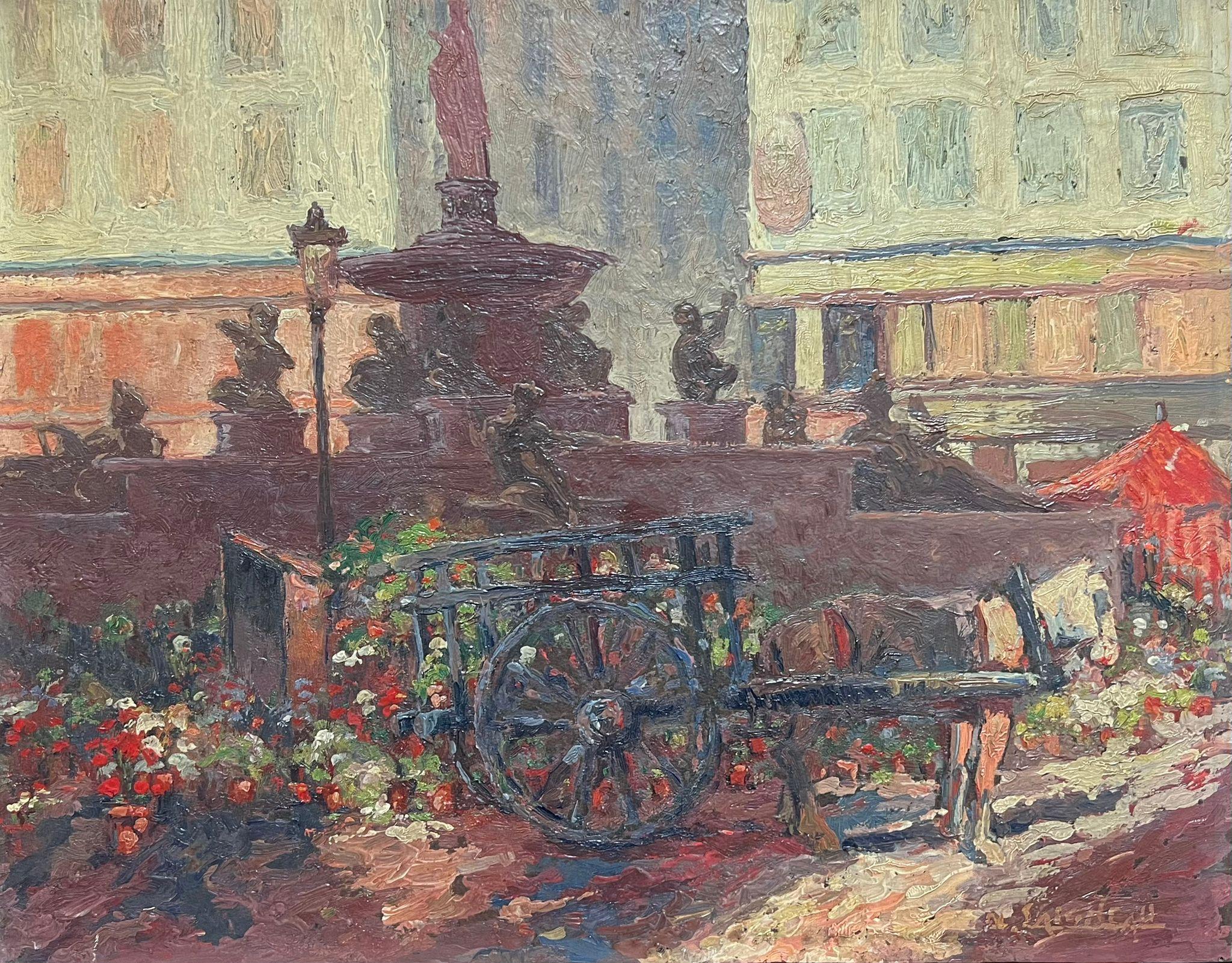 French School Landscape Painting - Antique French Impressionist Oil Street Scene with Flower Seller Cart & Fountain