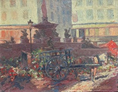 Antique French Impressionist Oil Street Scene with Flower Seller Cart & Fountain