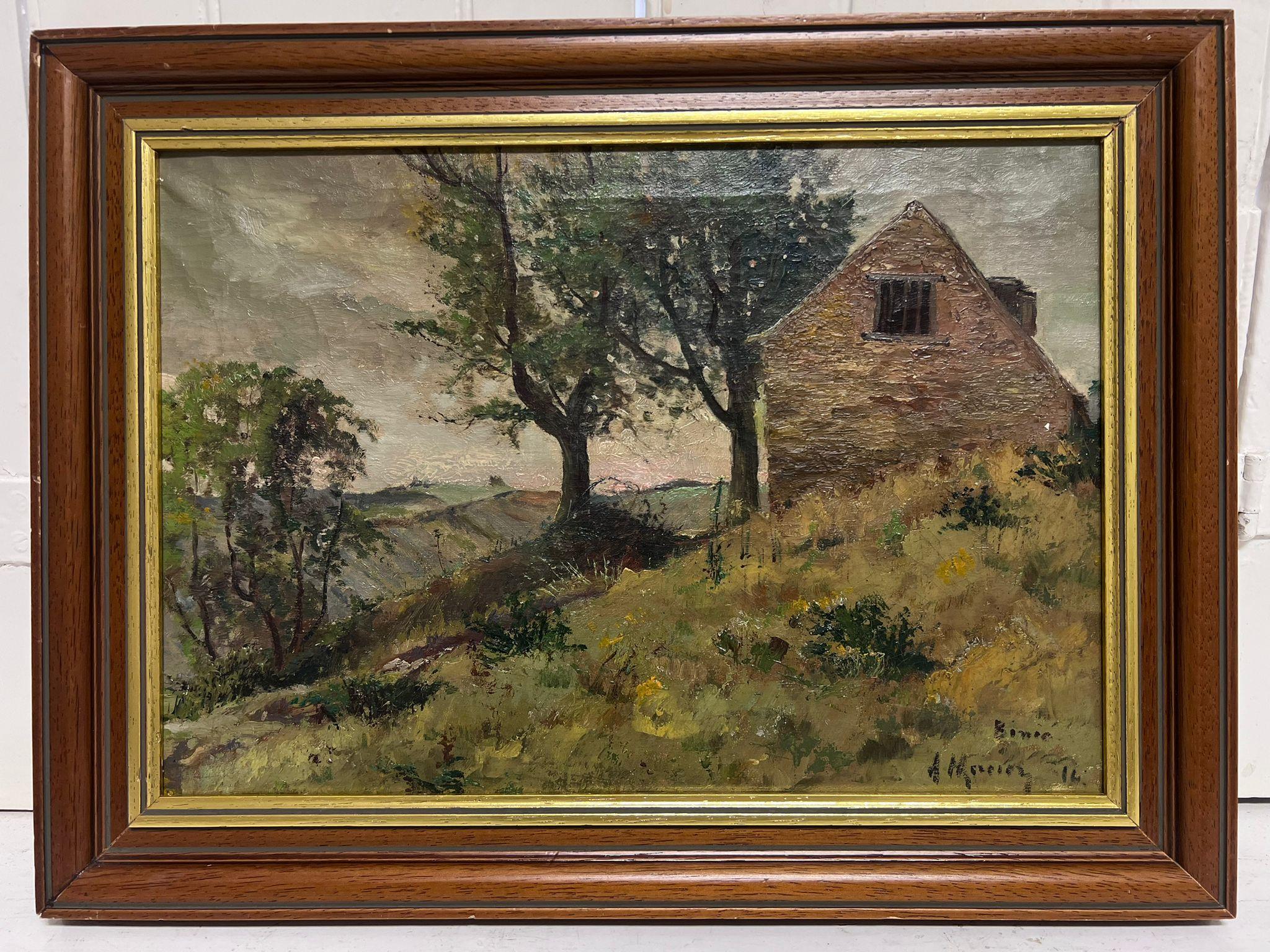 Antique French Impressionist Signed Oil 1914 Windswept House in Landscape - Painting by French School