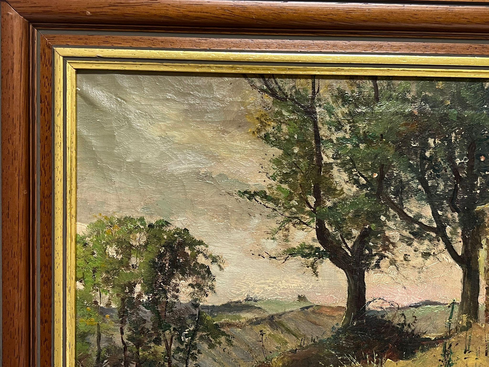 Antique French Impressionist Signed Oil 1914 Windswept House in Landscape For Sale 4