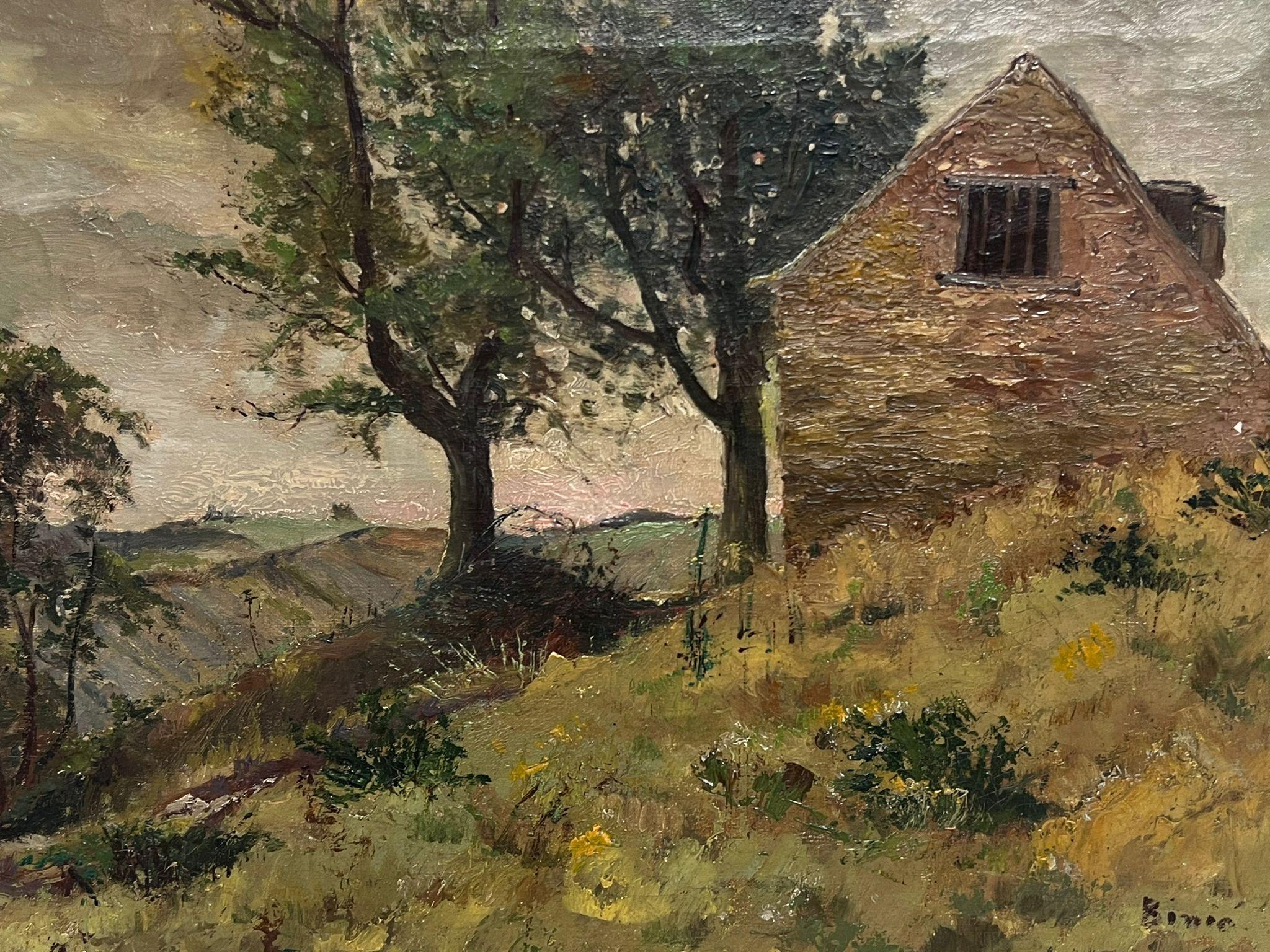 French School Landscape Painting - Antique French Impressionist Signed Oil 1914 Windswept House in Landscape