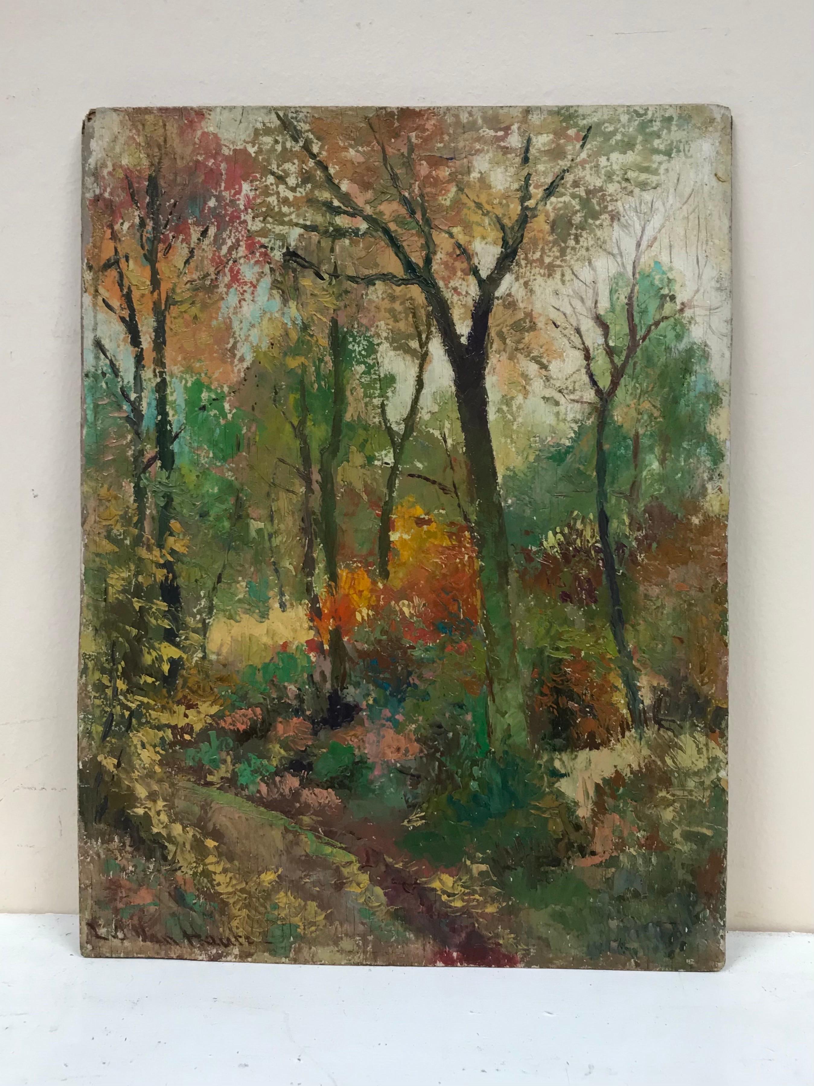 Antiguo Óleo Impresionista Francés Firmado Camino Otoñal del Bosque - Painting de French School