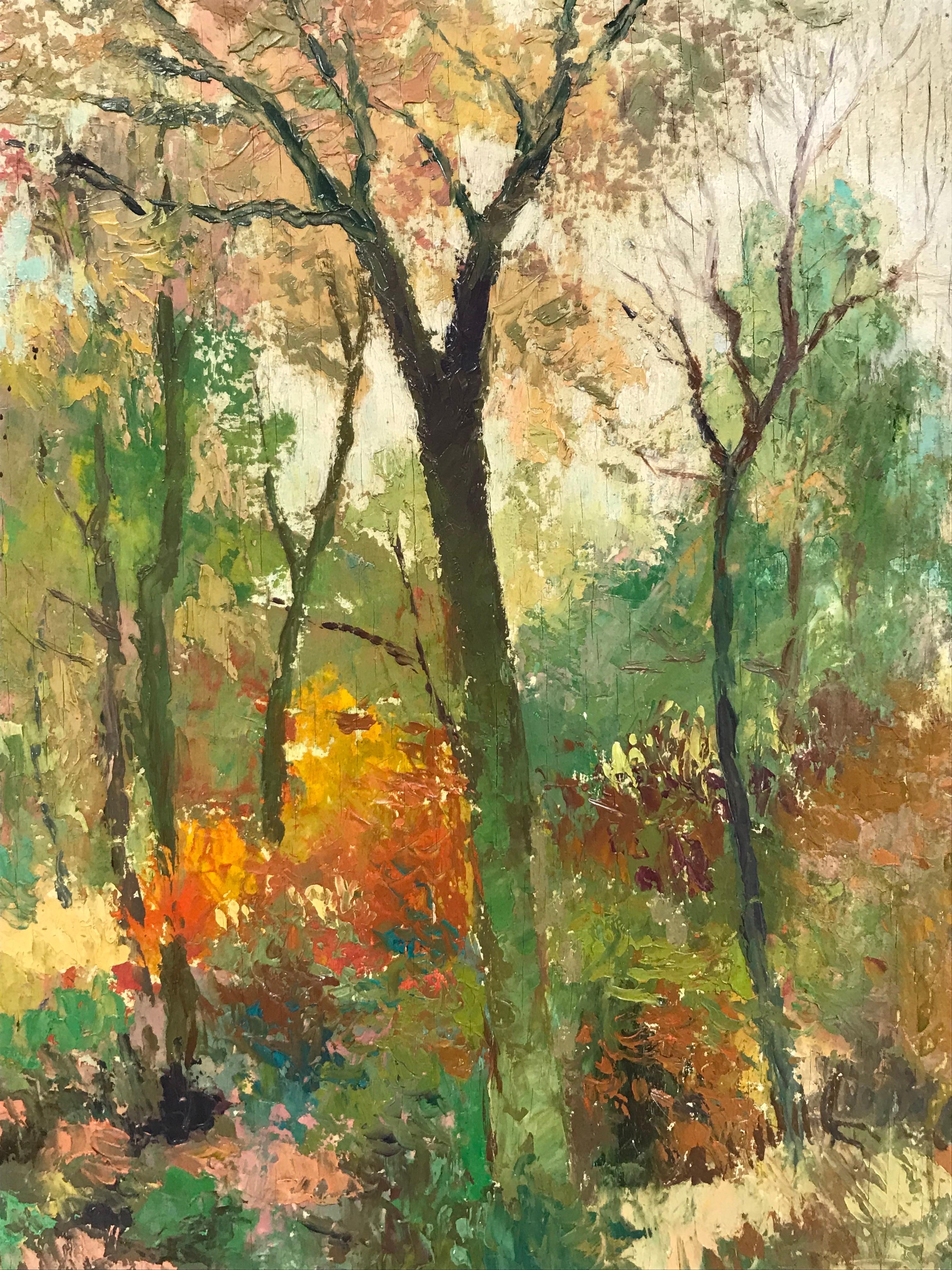 Antiguo Óleo Impresionista Francés Firmado Camino Otoñal del Bosque - Painting Victoriano de French School