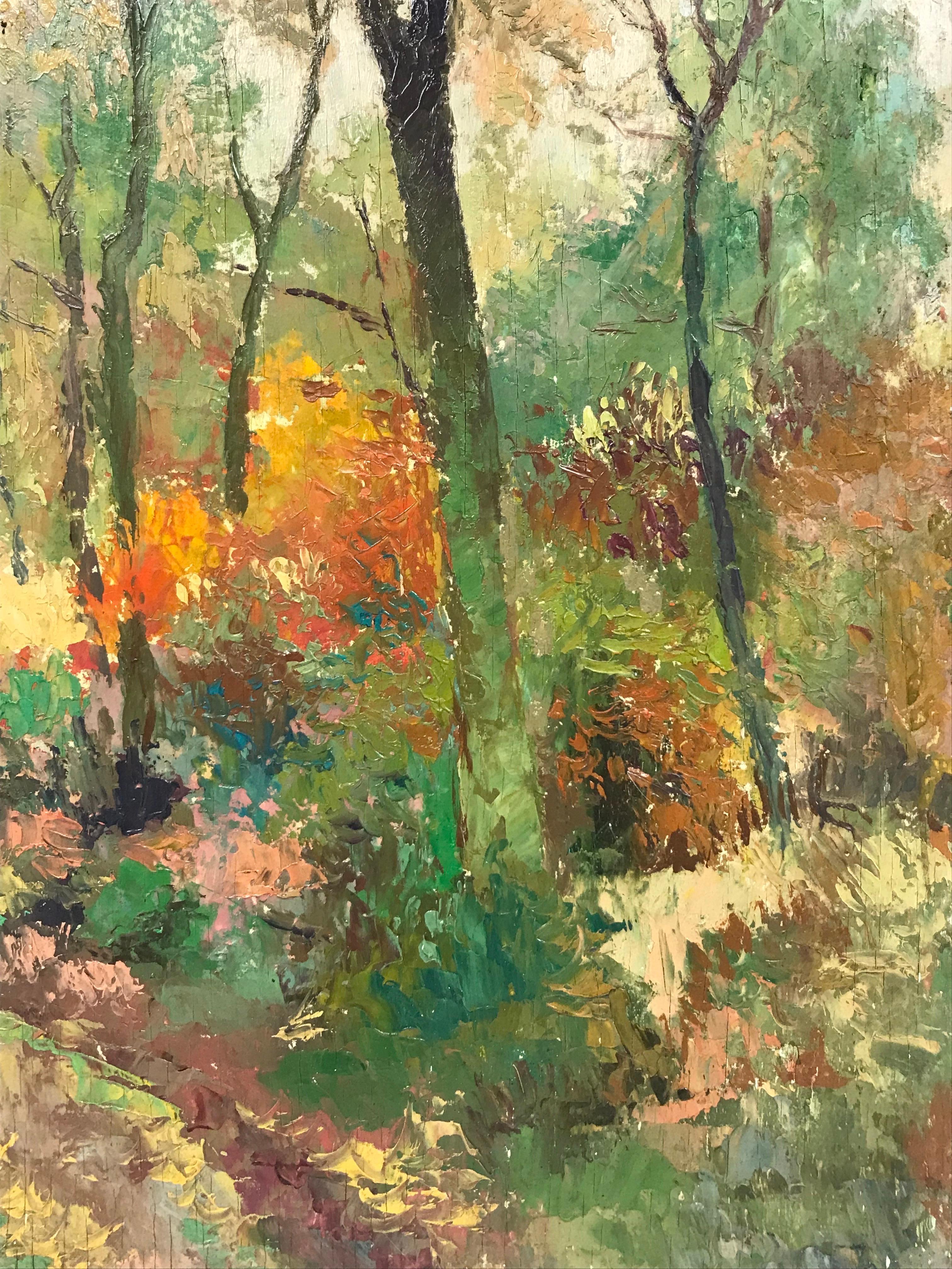 Antiguo Óleo Impresionista Francés Firmado Camino Otoñal del Bosque - Landscape Painting Marrón de French School