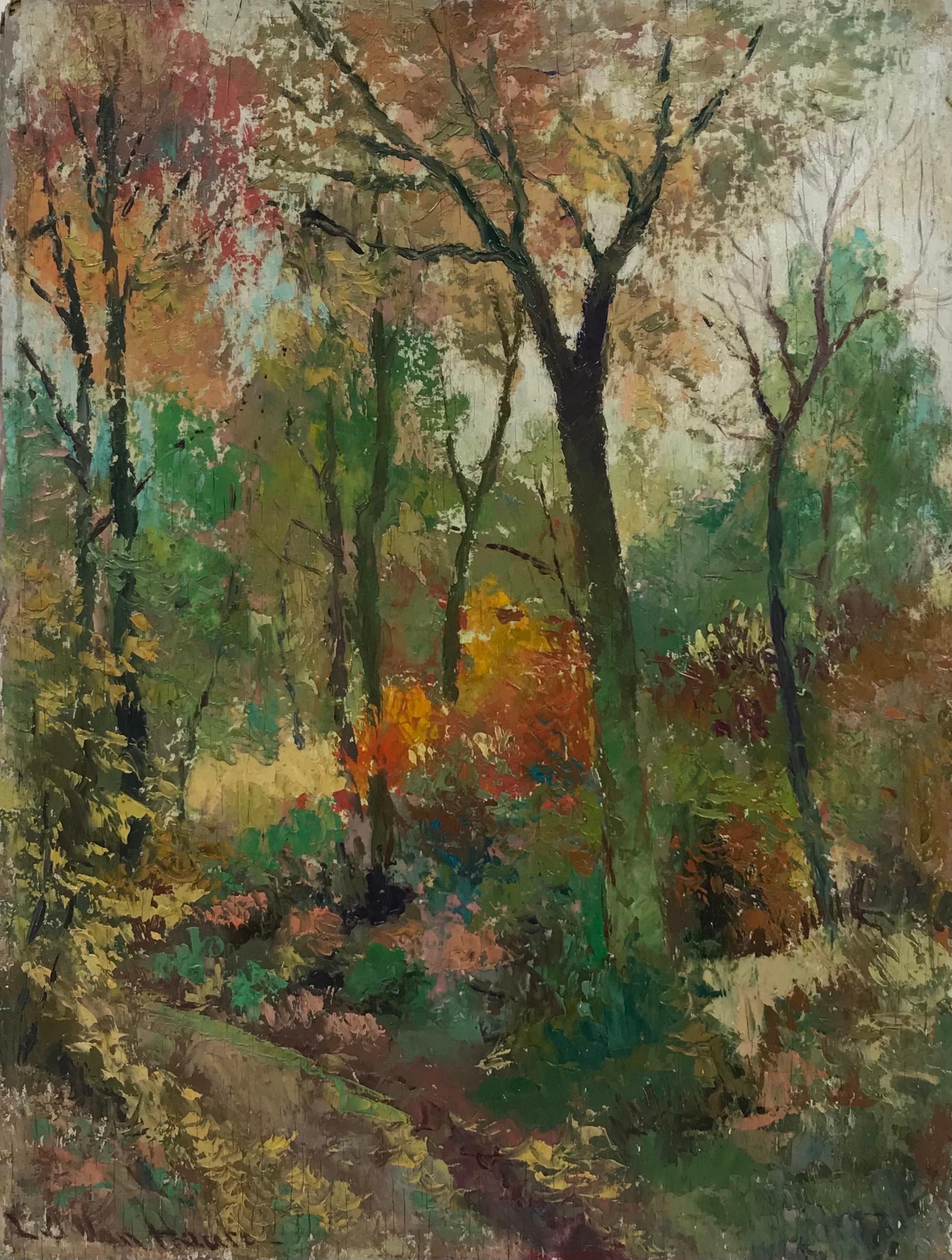 Landscape Painting de French School - Antiguo Óleo Impresionista Francés Firmado Camino Otoñal del Bosque