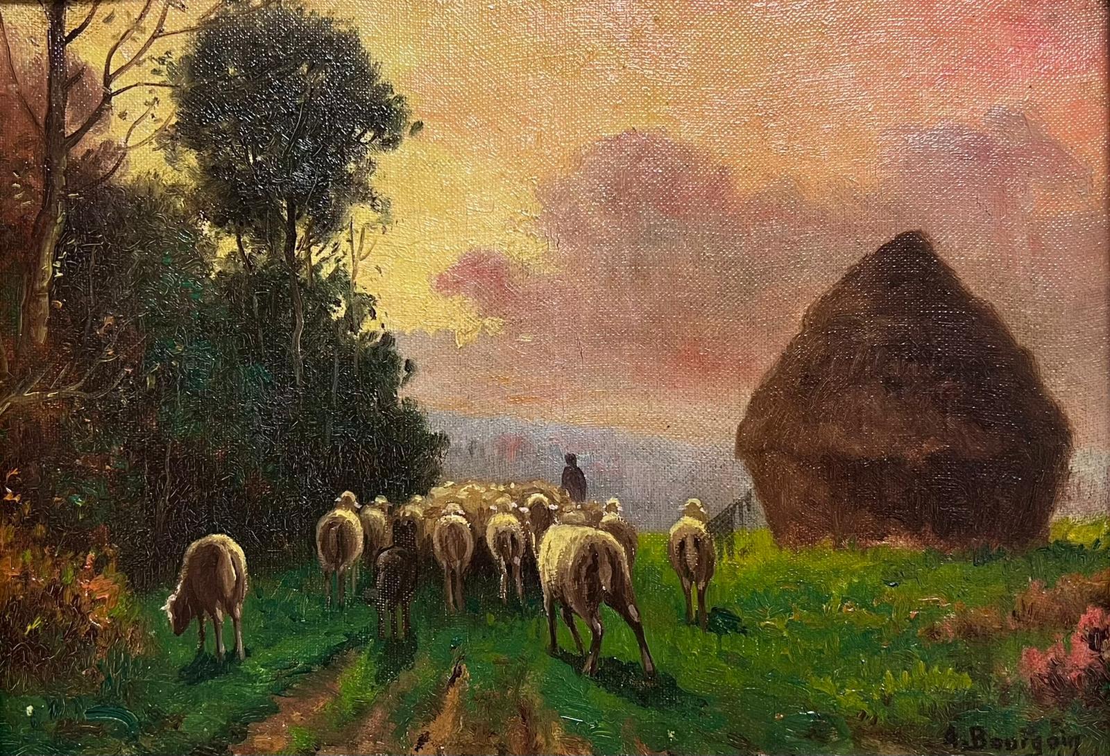 Antikes französisches impressionistisches Ölgemälde, Haystack bei Sonnenuntergang, Hirte und Schafe, signiert – Painting von French School