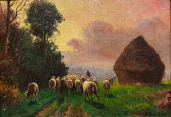 Antique French Impressionist Signed Oil Haystack at Sunset Shepherd & Sheep