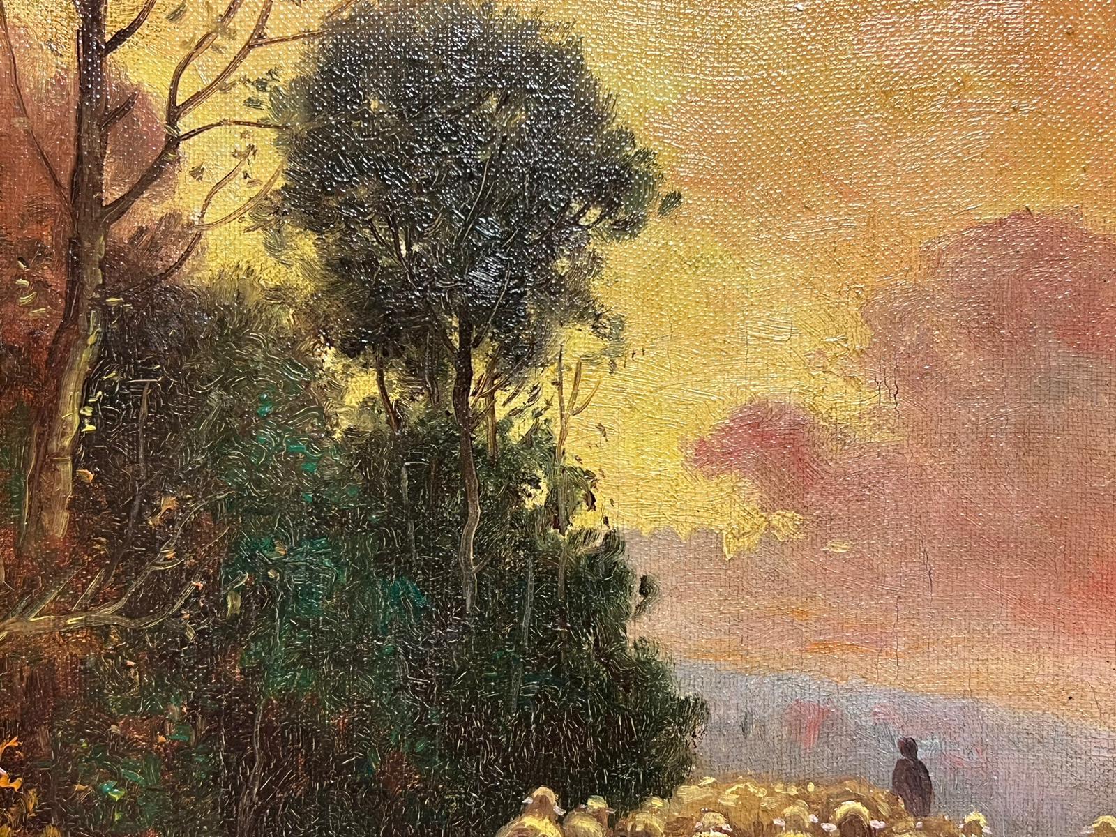 Antique French Impressionist Signed Oil Haystack at Sunset Shepherd & Sheep For Sale 1