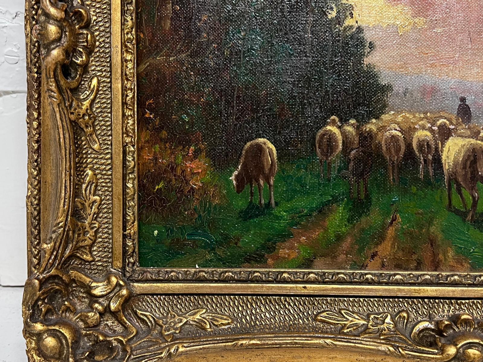 Antikes französisches impressionistisches Ölgemälde, Haystack bei Sonnenuntergang, Hirte und Schafe, signiert im Angebot 1